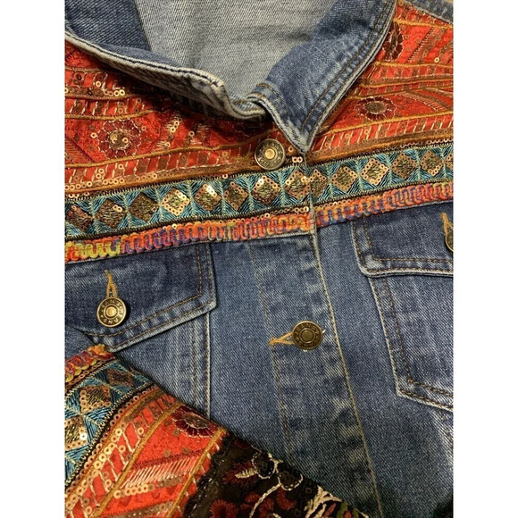 Velzera Beautiful Embroidered Jean Jacket Boho Bling Size Medium (B 6) - Picture 6 of 10